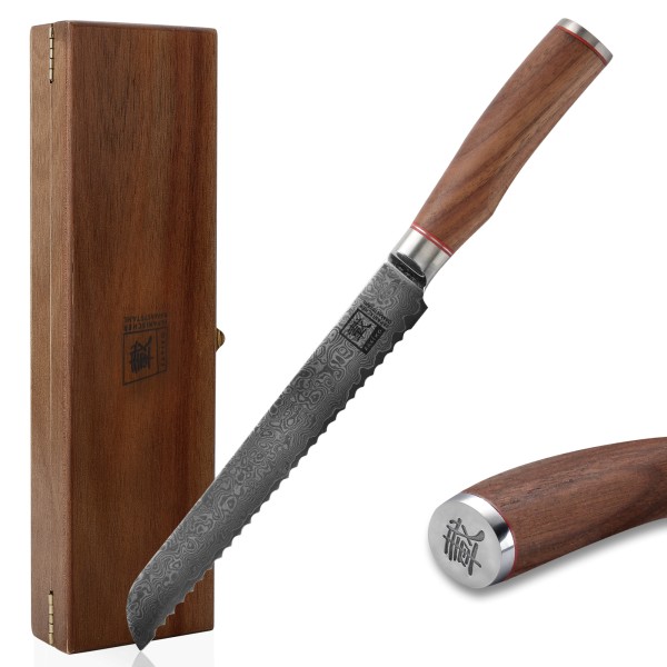 ZAYIKO Damastmesser KURUMI Brotmesser – 20cm Klinge – Nussbaumgriff…
