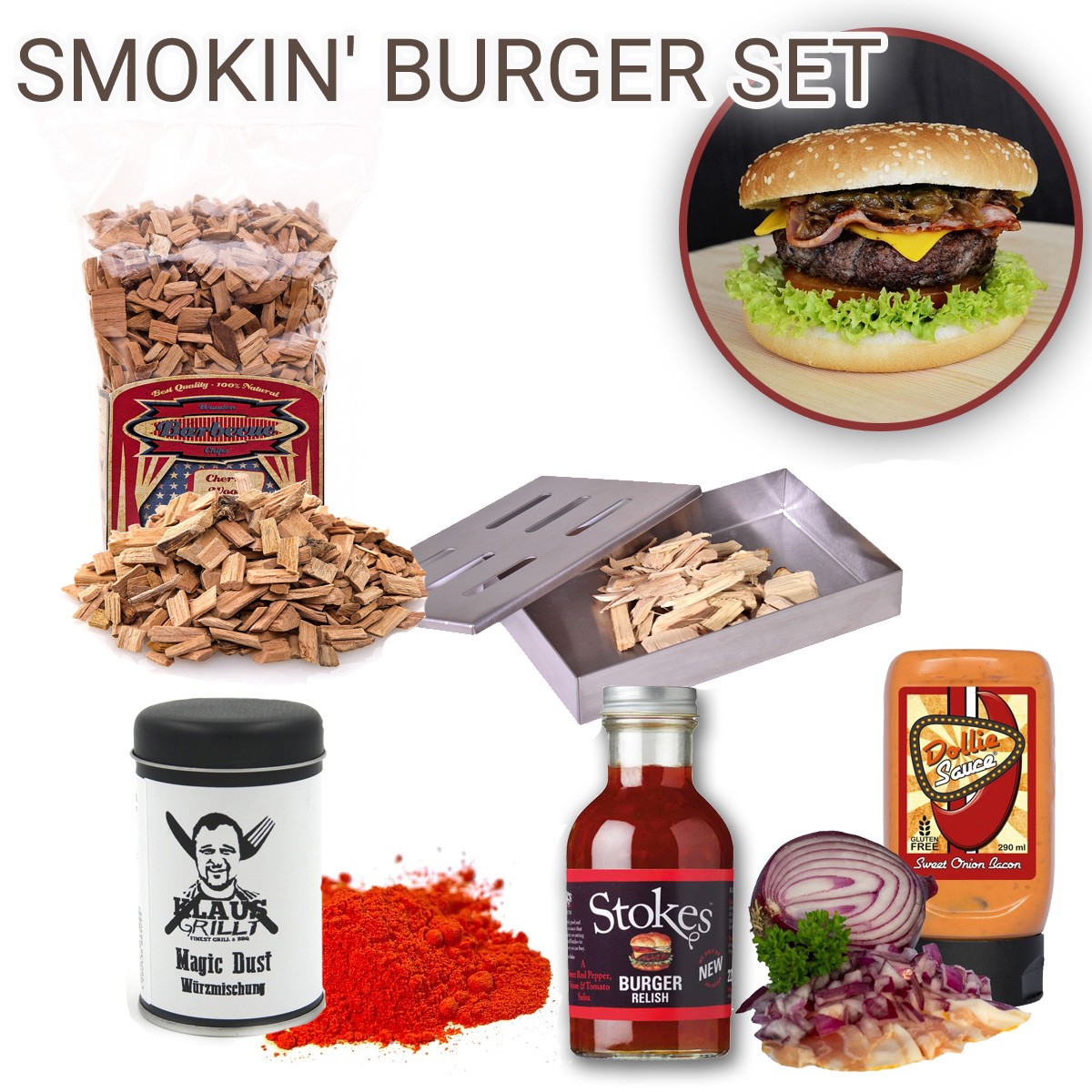 SMOKIN’ Burger Set – Rub Magic Dust + Räuchrchips Kirsche + Smokebo…