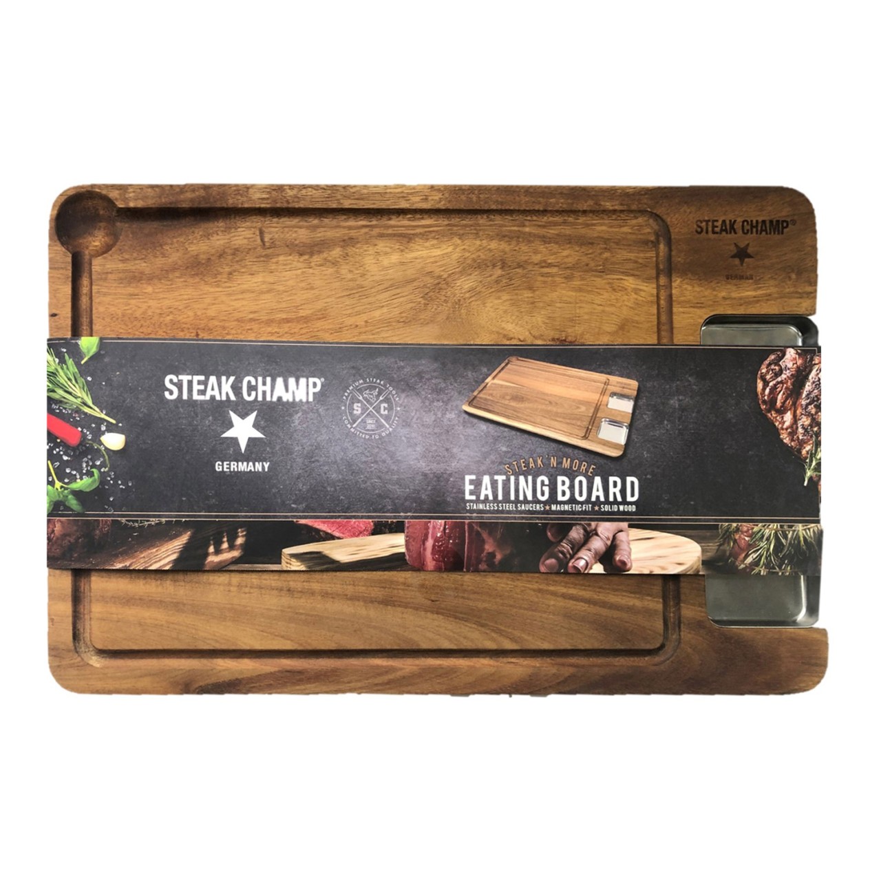 STEAK CHAMP – Steakbrett mit 2 Dipschalen – Akazienholz 42x27x1,6cm