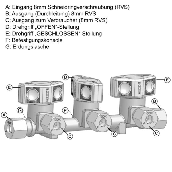 Gas Verteilerblock 3fach - für Gasleitungen - Messing - RVS 8mm