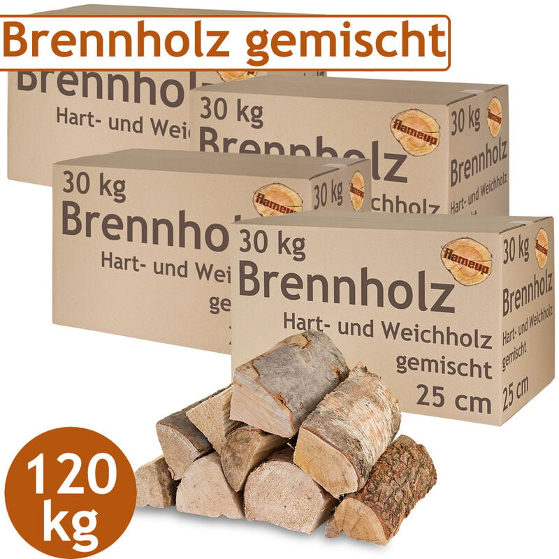 Brennholz Gemischt Kaminholz 120 kg Buche Eiche Birke Kiefer Fichte Holz Für Ofen und Kamin Kaminofen Feuerschale Grill Feuerholz 25 cm Wood
