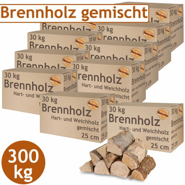 Brennholz Gemischt Kaminholz 300 kg Buche Eiche Birke Kiefer Fichte Holz Für Ofen und Kamin Kaminofen Feuerschale Grill Feuerholz 25 cm Wood