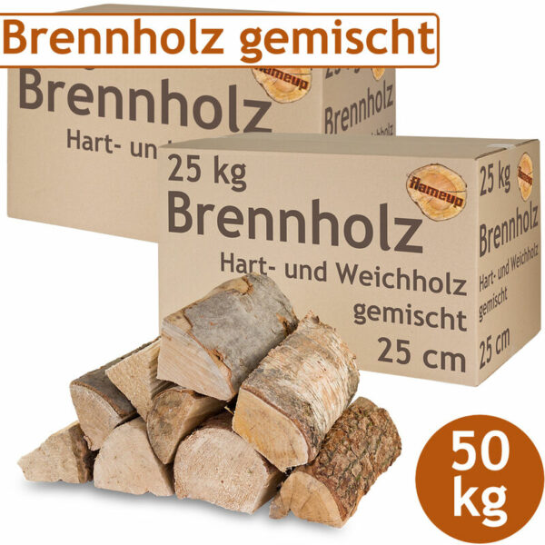 Brennholz Gemischt Kaminholz 50 kg Buche Eiche Birke Kiefer Fichte Holz Für Ofen und Kamin Kaminofen Feuerschale Grill Feuerholz 25 cm Wood