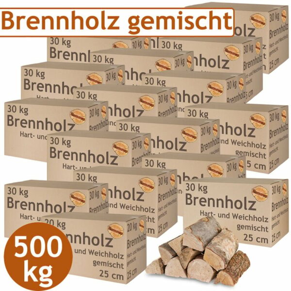 Brennholz Gemischt Kaminholz 500 kg Buche Eiche Birke Kiefer Fichte Holz Für Ofen und Kamin Kaminofen Feuerschale Grill Feuerholz 25 cm Wood