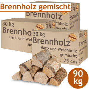 Brennholz Gemischt Kaminholz 90 kg Buche Eiche Birke Kiefer Fichte Holz Für Ofen und Kamin Kaminofen Feuerschale Grill Feuerholz 25 cm Wood