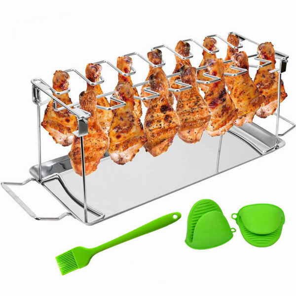 Faltbarer Grill-Hähnchenkeulenhalter aus Edelstahl mit Platz für 14 Hähnchenkeulen oder -flügel im Ofen oder Grill, mit Auffangschale, Handschuhen,