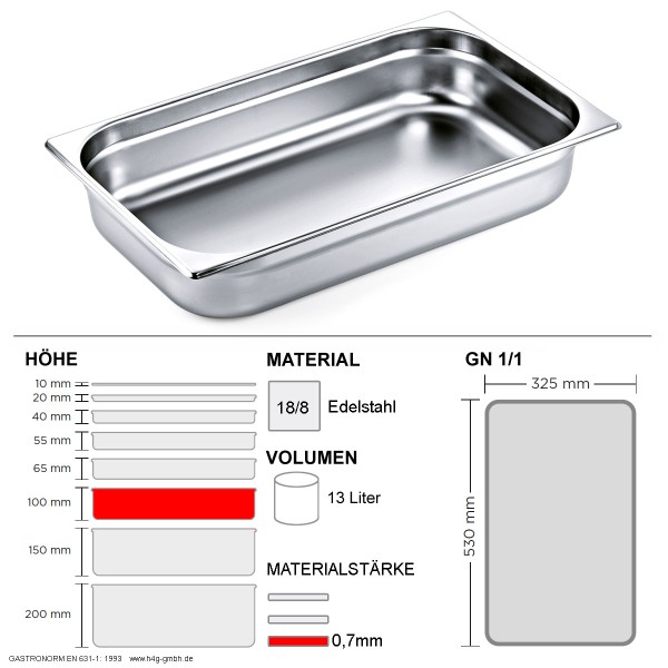 Gastronorm Behälter GN 1/1 – 100mm – GN90 – 18/8 Edelstahl – 0,7mm