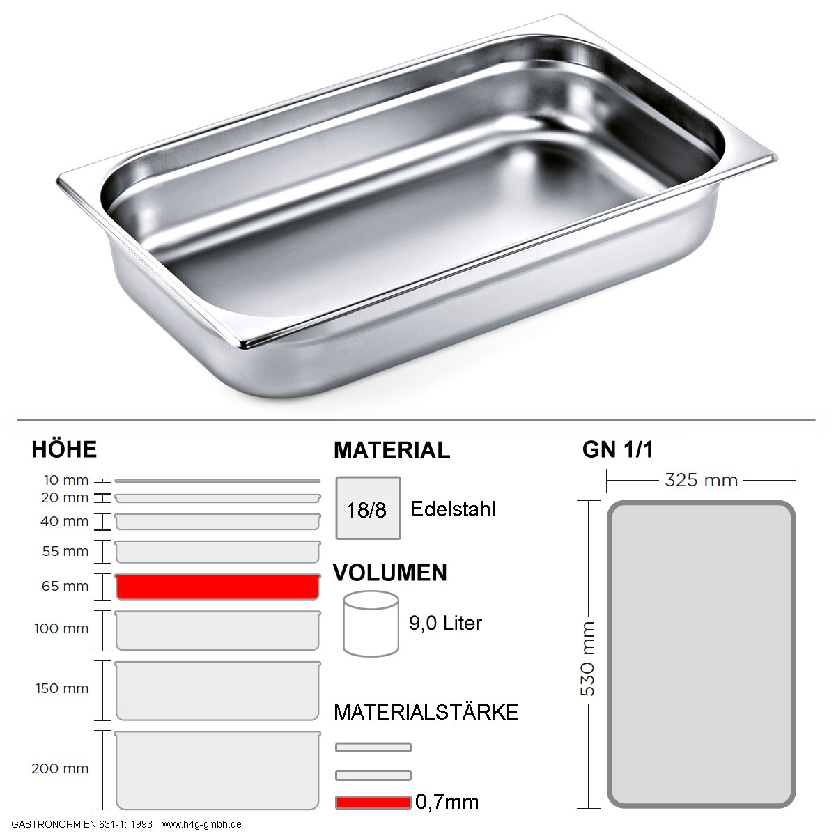 Gastronorm Behälter GN 1/1 – 65mm – GN90 – 18/8 Edelstahl – 0,7mm