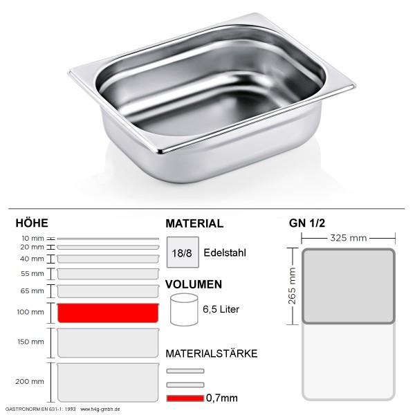 Gastronorm Behälter GN 1/2 – 100mm – GN90 – 18/8  Edelstahl – 0,7mm