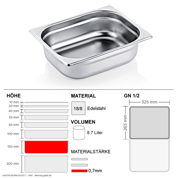 Gastronorm Behälter GN 1/2 – 150mm – GN90 – 18/8 Edelstahl – 0,7mm