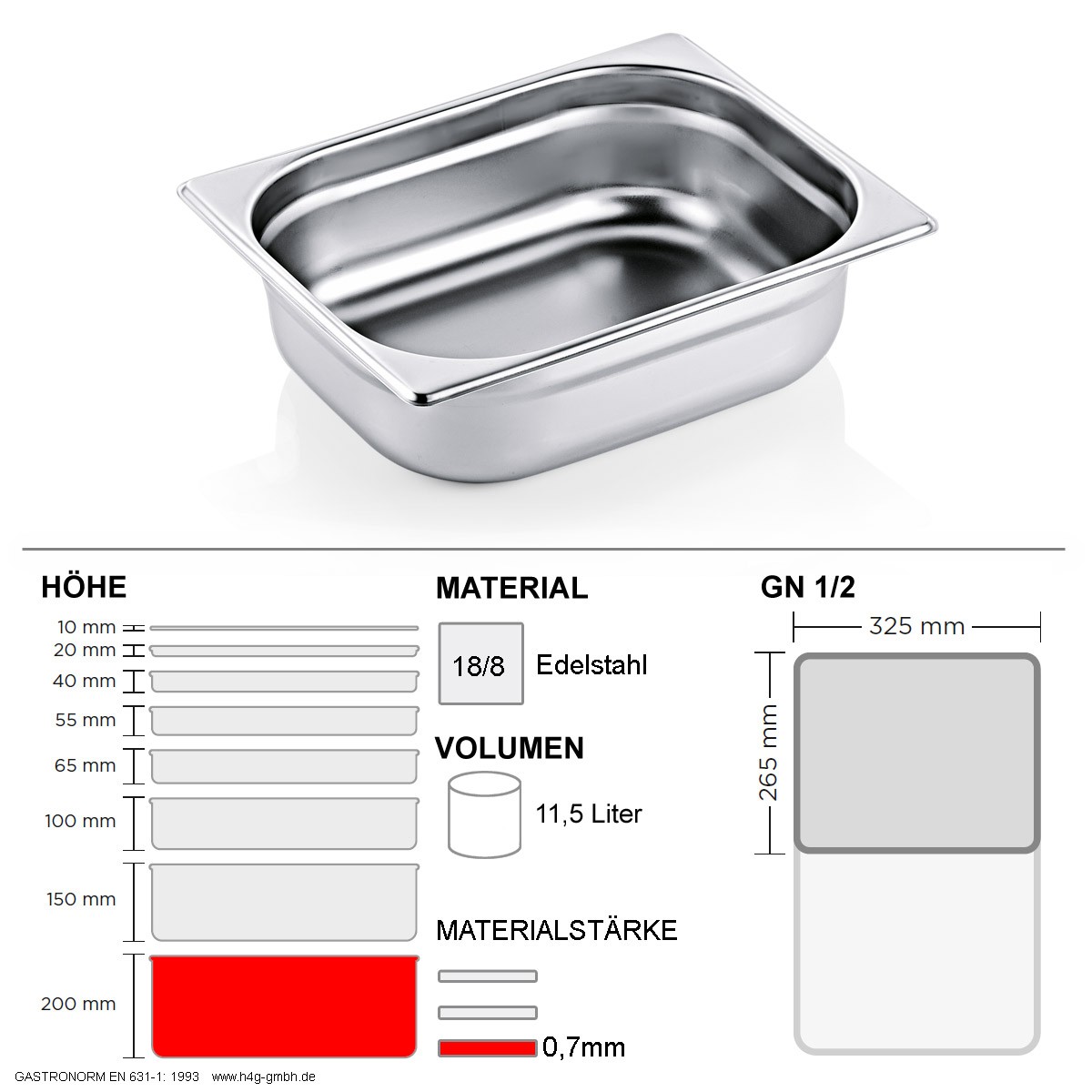 Gastronorm Behälter GN 1/2 – 200mm – GN90 – 18/8 Edelstahl – 0,7mm