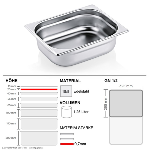 Gastronorm Behälter GN 1/2 – 20mm – GN90 – 18/8 Edelstahl – 0,7mm