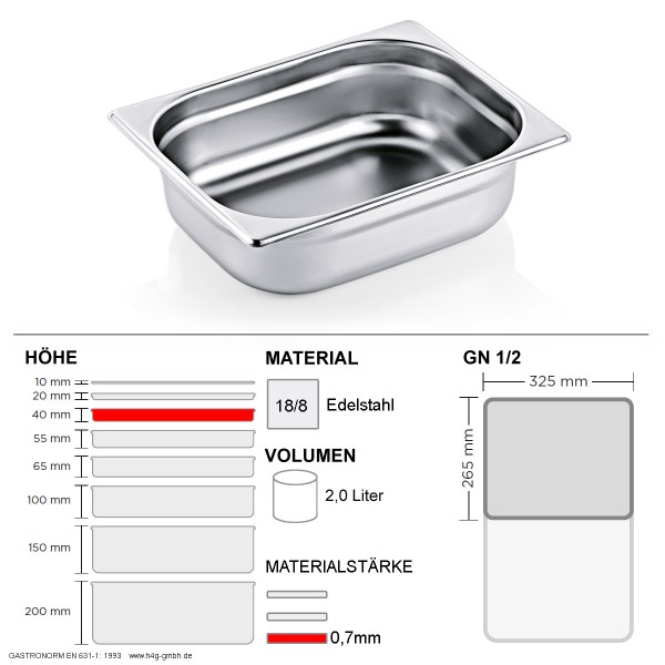Gastronorm Behälter GN 1/2 – 40mm – GN90 – 18/8 Edelstahl – 0,7mm