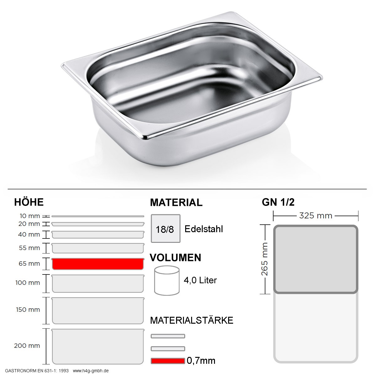 Gastronorm Behälter GN 1/2 – 65mm – GN90 – 18/8 Edelstahl – 0,7mm
