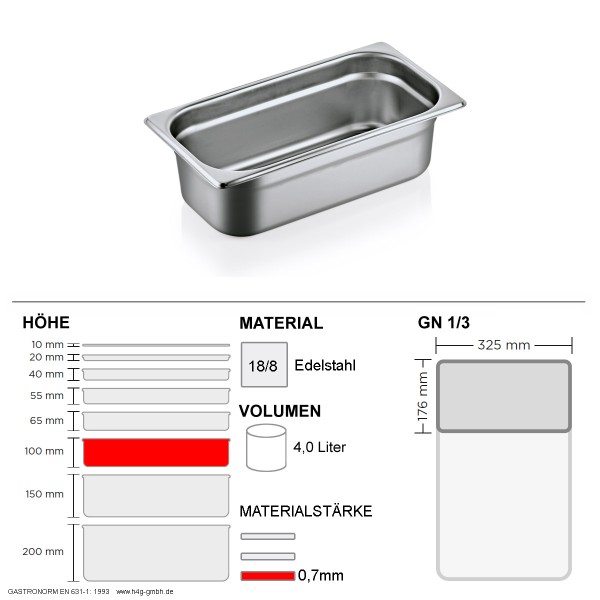Gastronorm Behälter GN 1/3 – 100mm – GN90 – 18/8 Edelstahl – 0,7mm