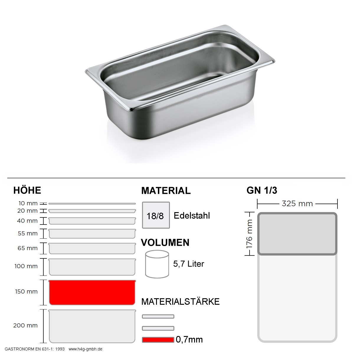 Gastronorm Behälter GN 1/3 – 150mm – GN90 – 18/8 Edelstahl – 0,7mm