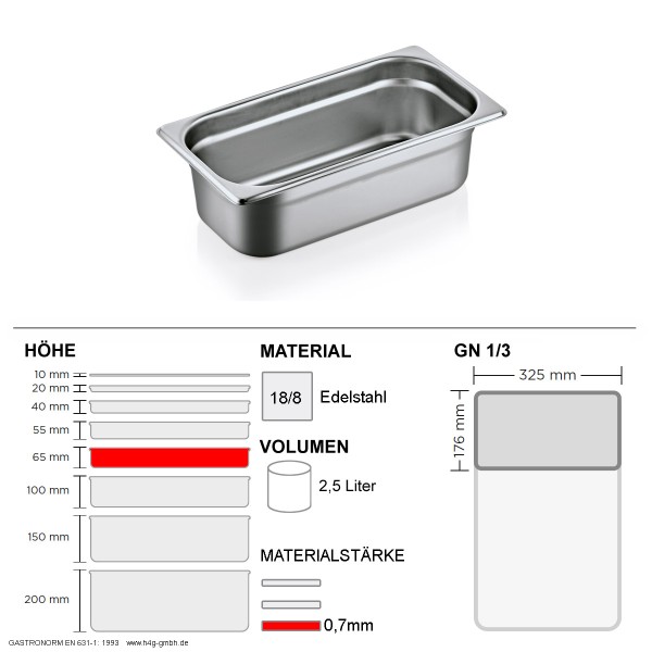 Gastronorm Behälter GN 1/3 – 65mm – GN90 – 18/8 Edelstahl – 0,7mm