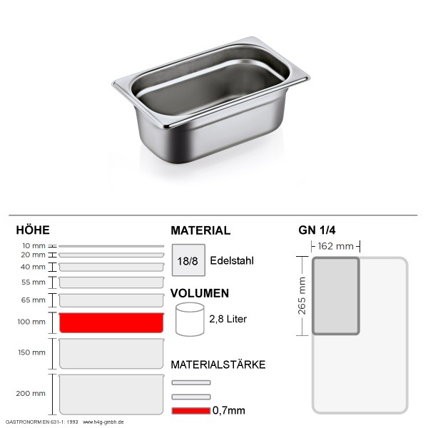 Gastronorm Behälter GN 1/4 – 100mm – GN90 – 18/8 Edelstahl – 0,7mm