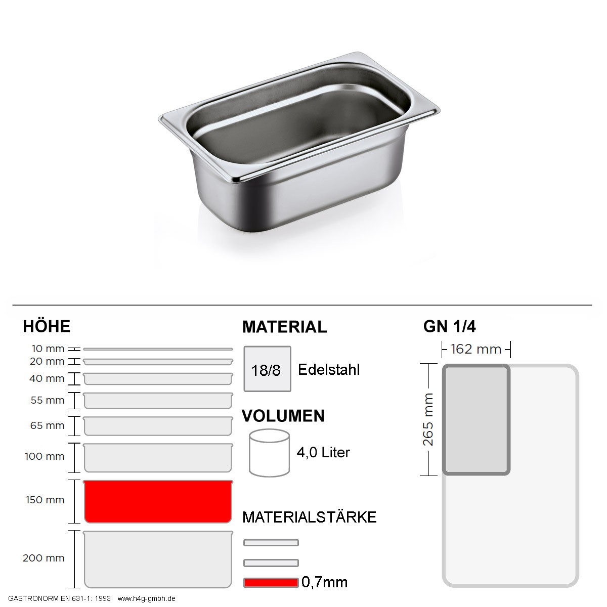 Gastronorm Behälter GN 1/4 – 150mm – GN90 – 18/8 Edelstahl – 0,7mm