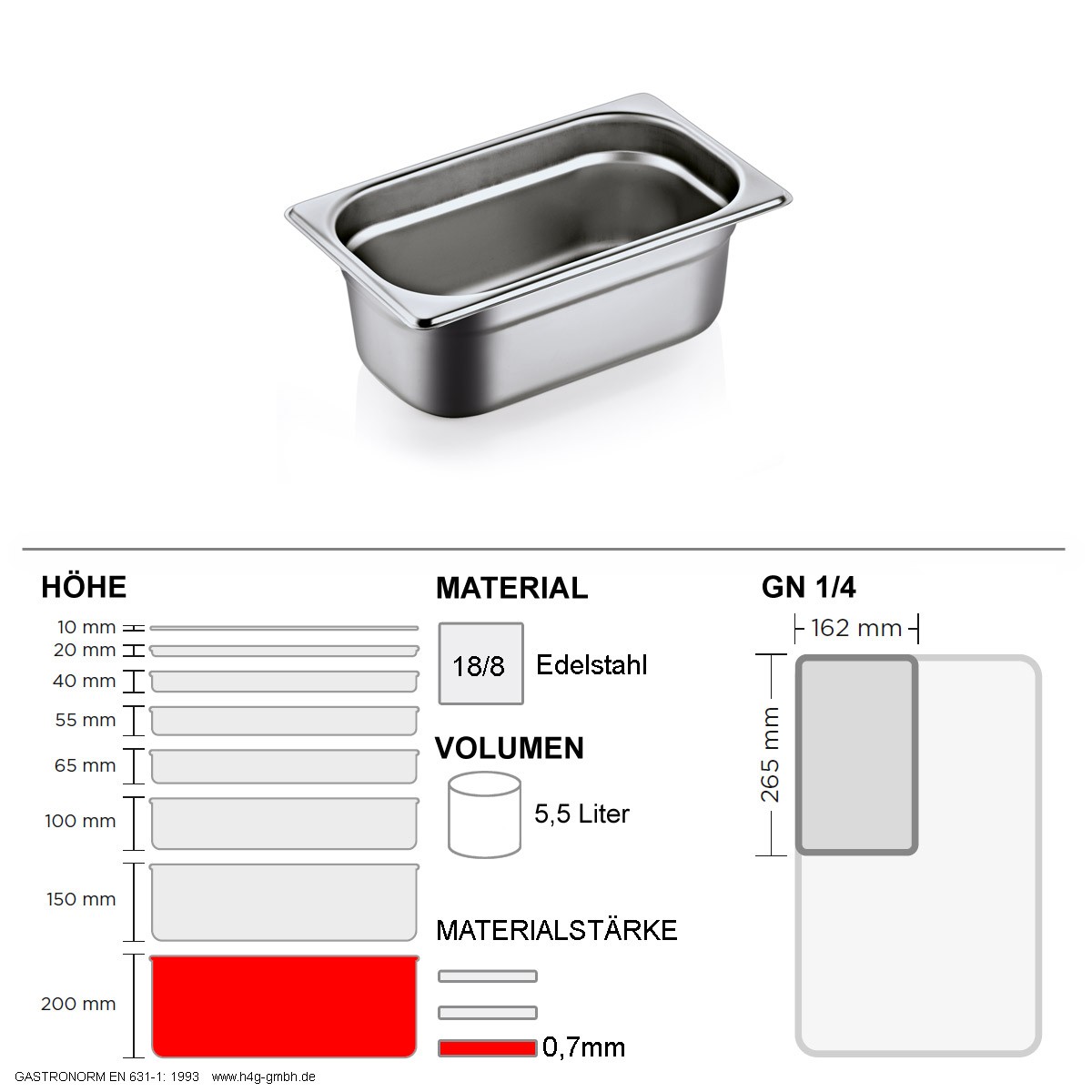 Gastronorm Behälter GN 1/4 – 200mm – GN90 – 18/8 Edelstahl – 0,7mm