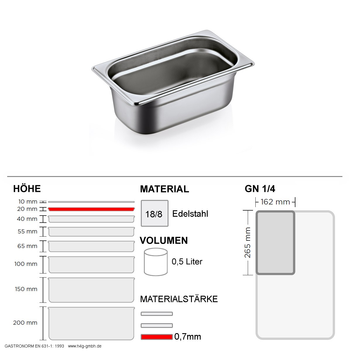 Gastronorm Behälter GN 1/4 – 20mm – GN90 – 18/8 Edelstahl – 0,7mm
