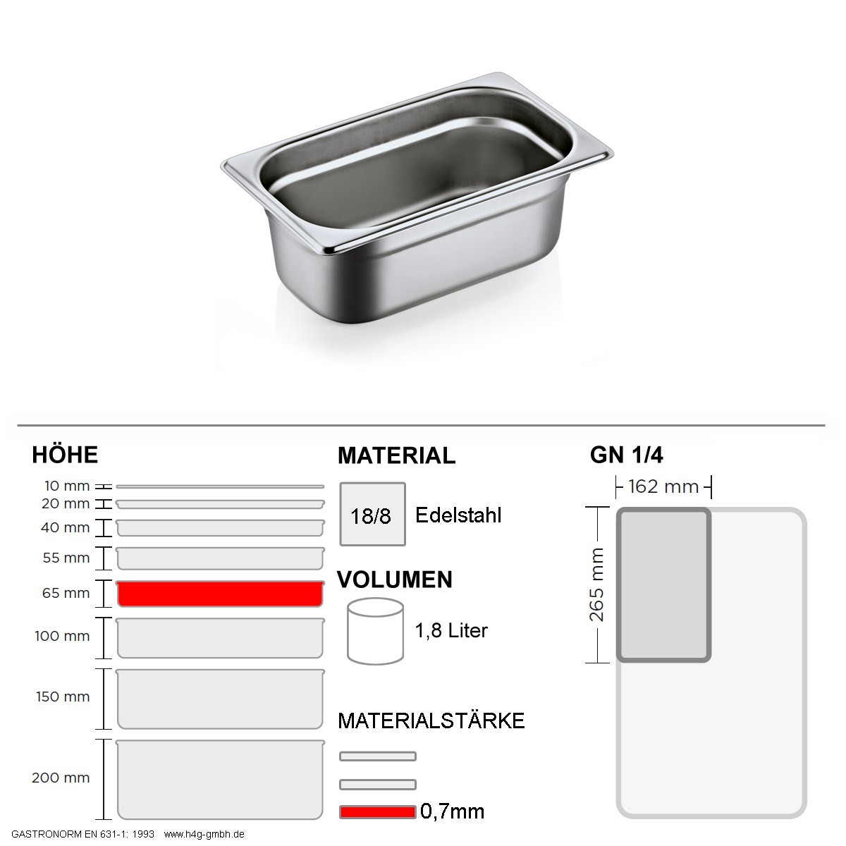 Gastronorm Behälter GN 1/4 – 65mm – GN90 – 18/8 Edelstahl – 0,7mm