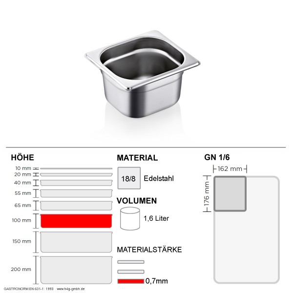 Gastronorm Behälter GN 1/6 – 100mm – GN90 – 18/8 Edelstahl – 0,7mm