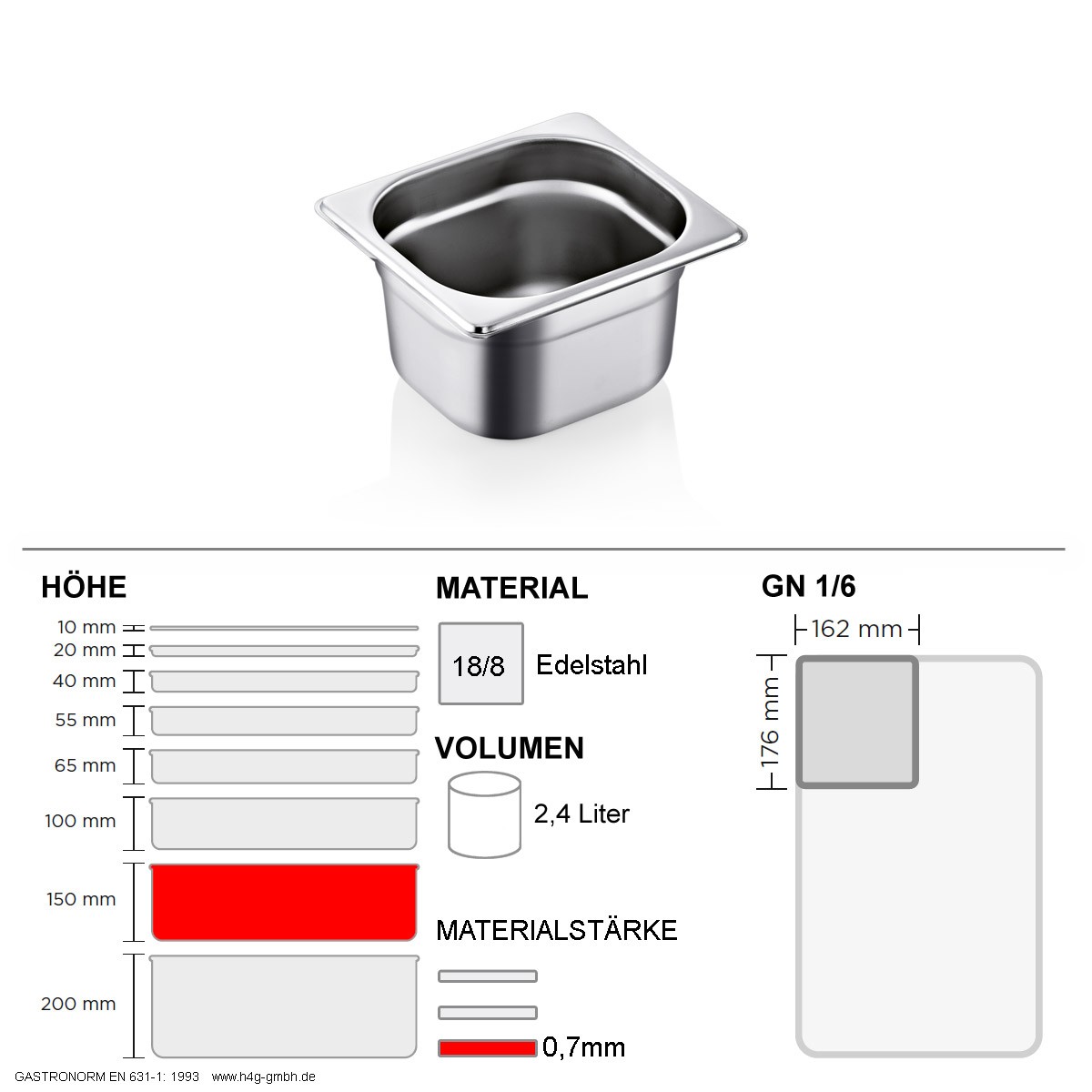 Gastronorm Behälter GN 1/6 – 150mm – GN90 – 18/8 Edelstahl – 0,7mm