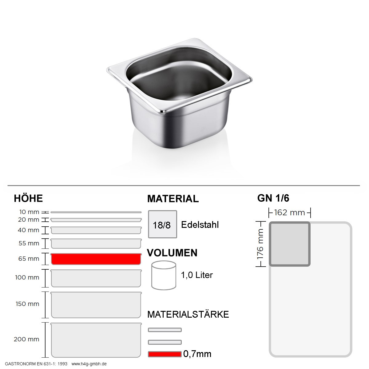 Gastronorm Behälter GN 1/6 – 65mm – GN90 – 18/8 Edelstahl – 0,7mm