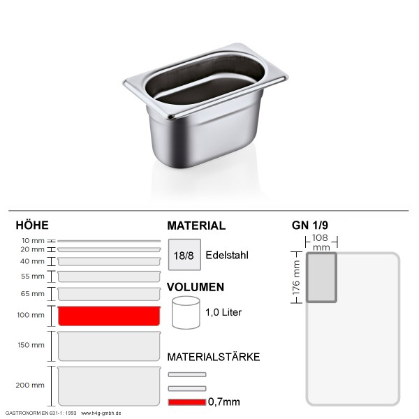 Gastronorm Behälter GN 1/9 – 100mm – GN90 – 18/8 Edelstahl – 0,7mm