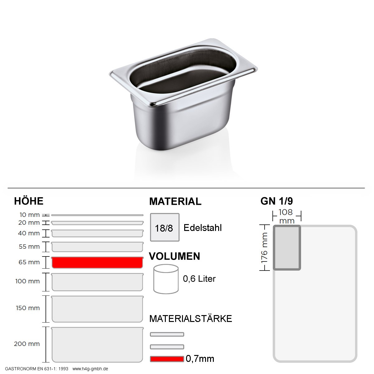 Gastronorm Behälter GN 1/9 – 65mm – GN90 – 18/8 Edelstahl – 0,7mm
