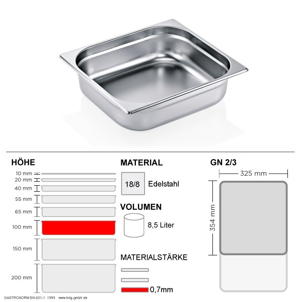Gastronorm Behälter GN 2/3 – 100mm – GN90 – 18/8 Edelstahl – 0,7mm