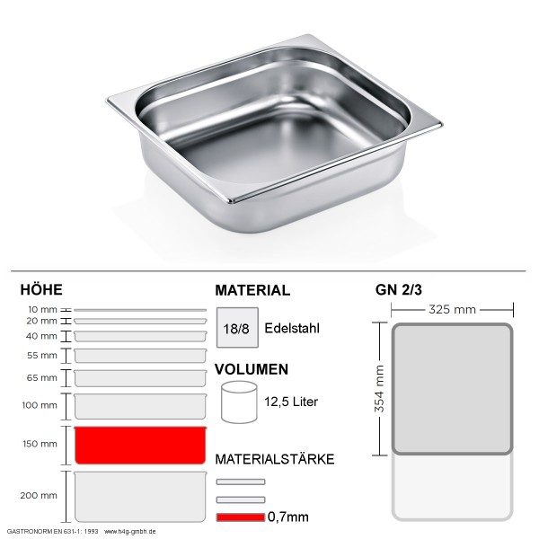 Gastronorm Behälter GN 2/3 – 150mm – GN90 – 18/8 Edelstahl – 0,7mm