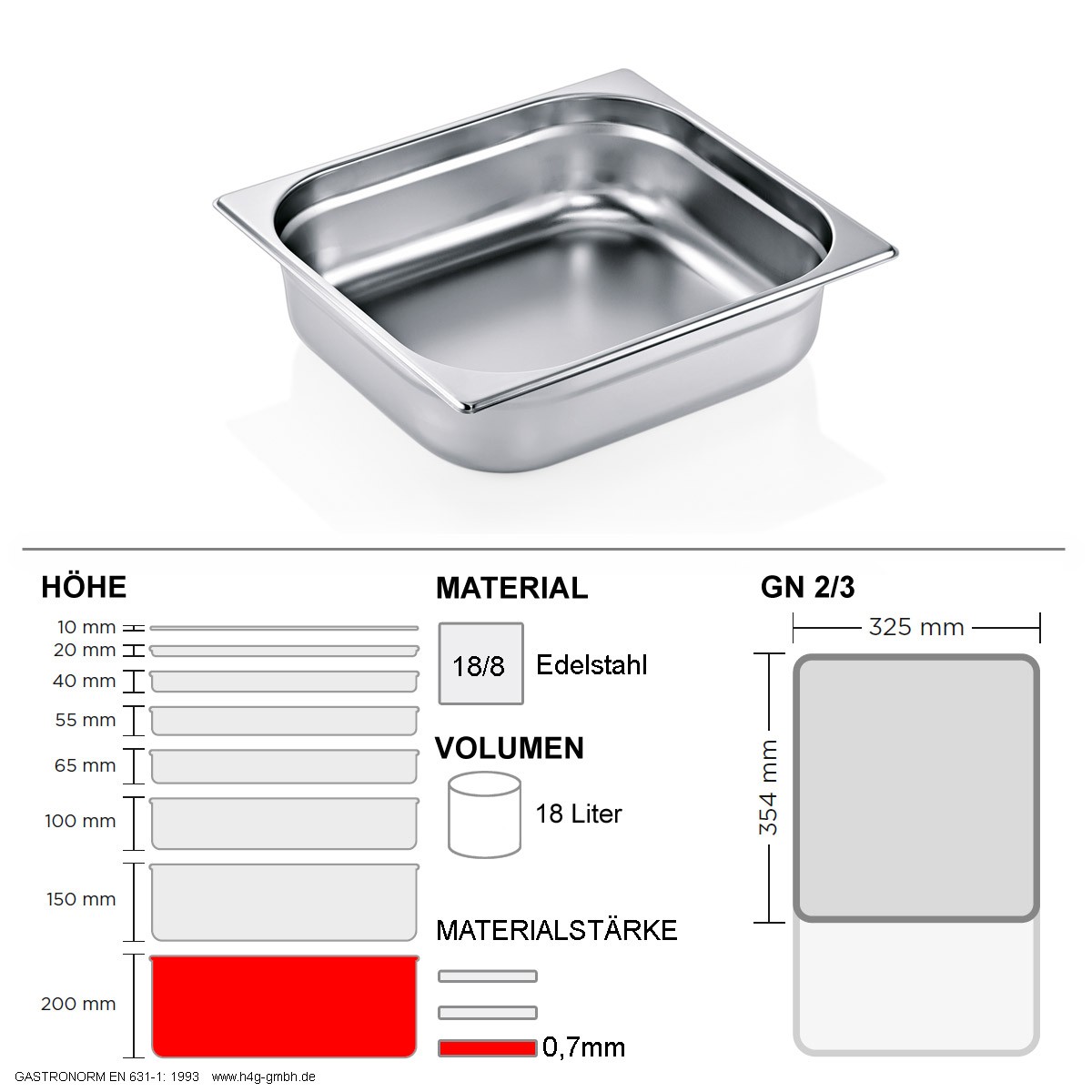 Gastronorm Behälter GN 2/3 – 200mm – GN90 – 18/8 Edelstahl – 0,7mm