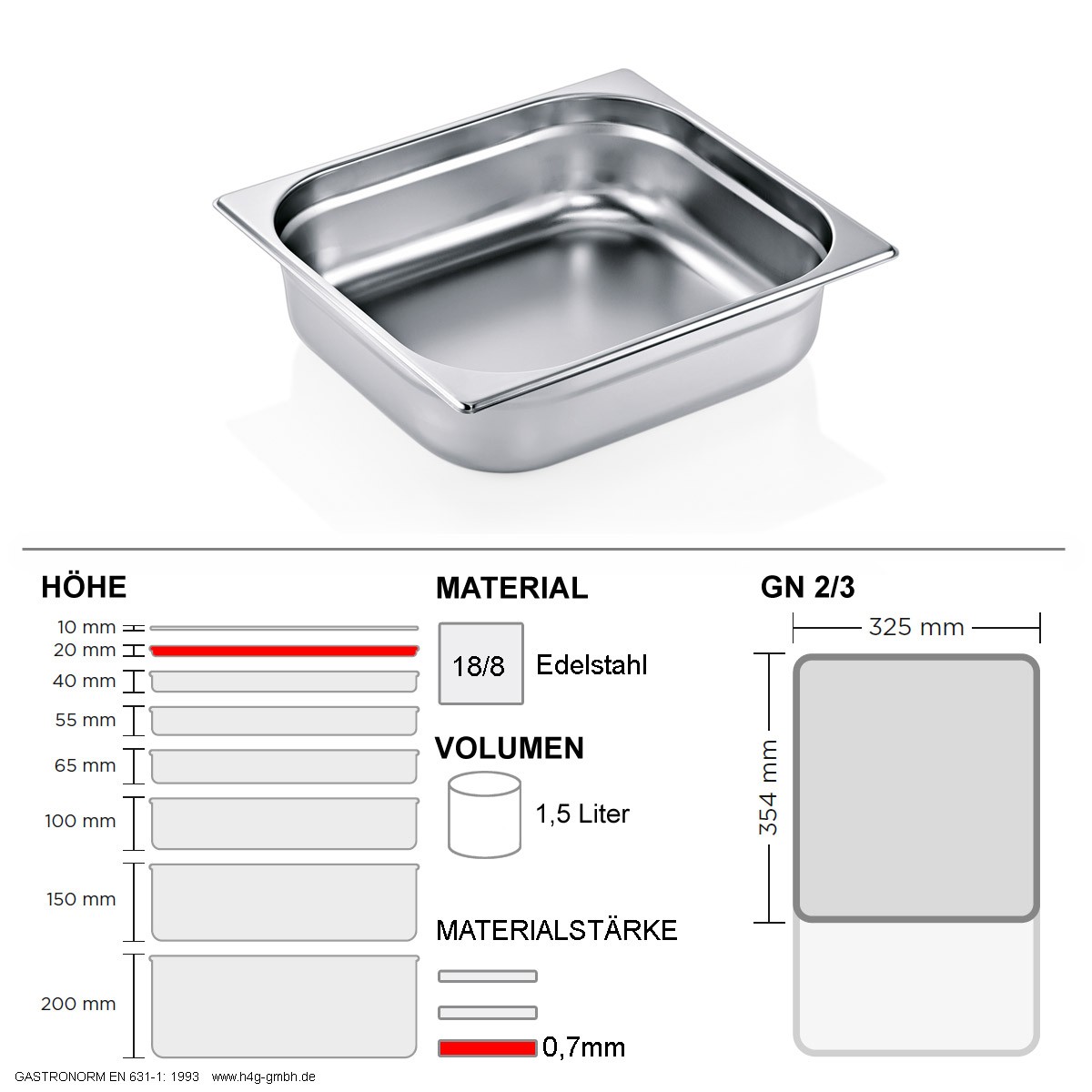 Gastronorm Behälter GN 2/3 – 20mm – GN90 – 18/8 Edelstahl – 0,7mm