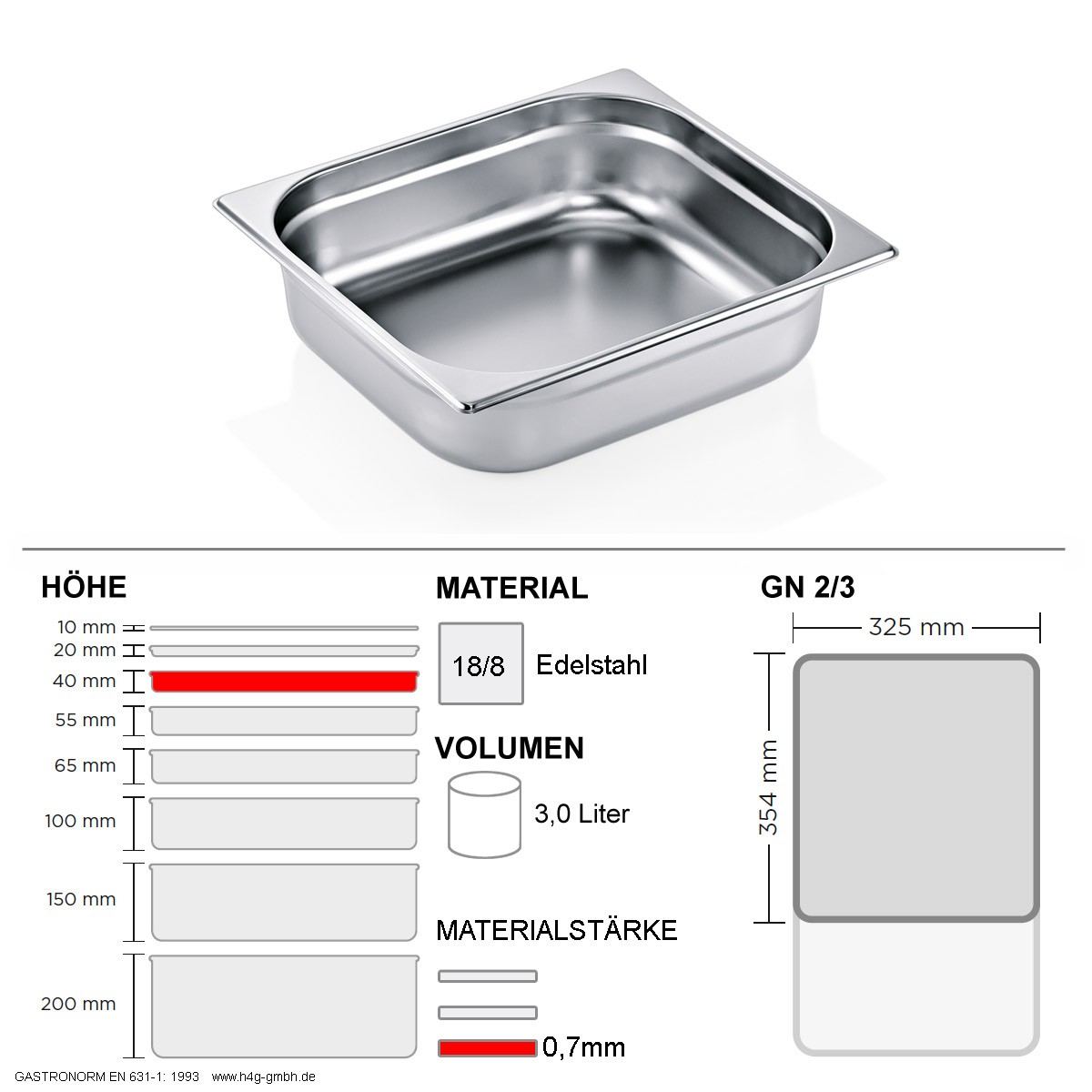 Gastronorm Behälter GN 2/3 – 40mm – GN90 – 18/8 Edelstahl – 0,7mm
