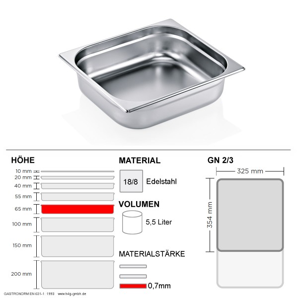 Gastronorm Behälter GN 2/3 – 65mm – GN90 – 18/8 Edelstahl – 0,7mm