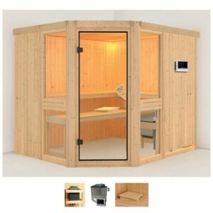 Karibu Sauna Aline 3, BxTxH: 231 x 196 x 198 cm, 68 mm, (Set) 9-kW-Ofen mit externer Steuerung