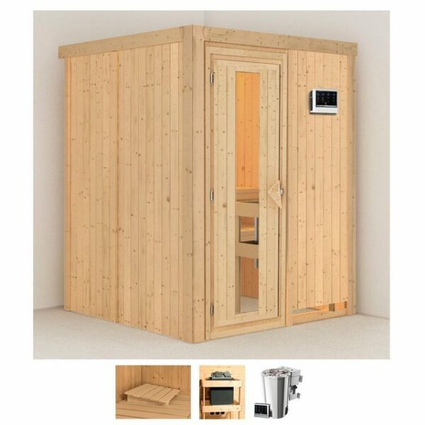 Karibu Sauna Milaja, BxTxH: 151 x 151 x 198 cm, 68 mm, (Set) 3,6-kW-Bio-Plug & Play Ofen mit externer Steuerung