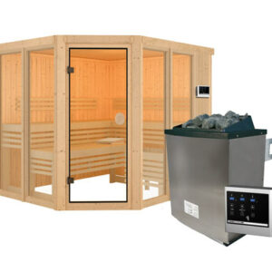 Karibu Sauna "Scarlett 3" im Set mit 9-kW-Ofen und finnischer Steuerung