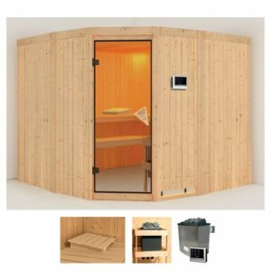 Karibu Sauna Sivera 3, BxTxH: 231 x 231 x 198 cm, 68 mm, (Set) 9-kW-Ofen mit externer Steuerung