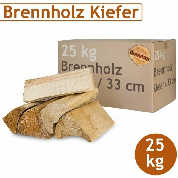 Kiefer Brennholz Kaminholz Holz 25 kg Für Ofen und Kamin Kaminofen Feuerschale Grill Feuerholz Holzscheite Wood 33 cm kammergetrocknet Flameup