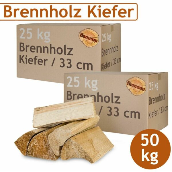 Kiefer Brennholz Kaminholz Holz 50 kg Für Ofen und Kamin Kaminofen Feuerschale Grill Feuerholz Holzscheite Wood 33 cm kammergetrocknet Flameup