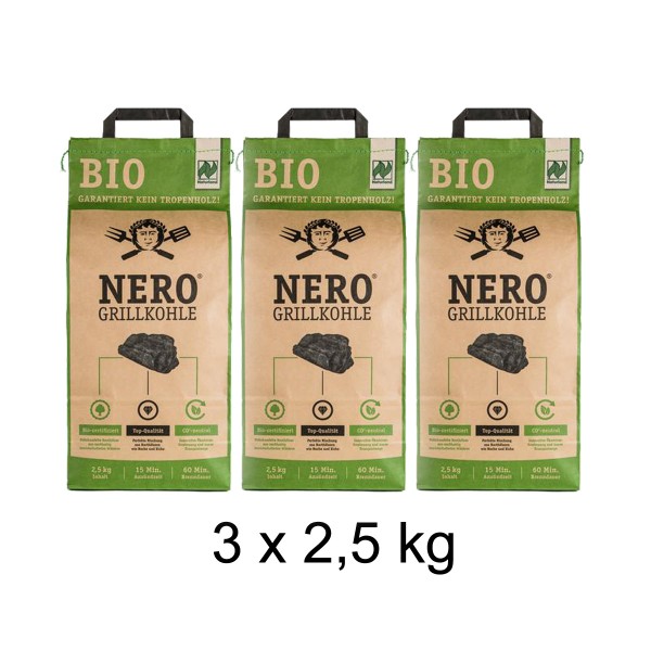 NERO BIO Grill-Holzkohle – 3 x 2,5kg Sack – Garantiert ohne Tropenh…