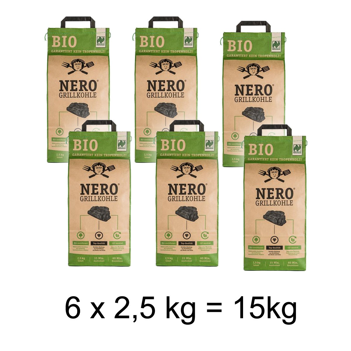 NERO BIO Grill-Holzkohle – 6 x 2,5kg Sack – Garantiert ohne Tropenh…