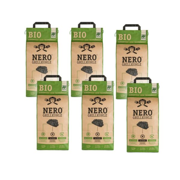 NERO BIO Grill-Holzkohle - 6 x 2,5kg Sack - Garantiert ohne Tropenh...