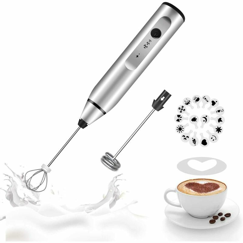 Hand-Milchaufschäumer, wiederaufladbarer Kaffee-Schneebesen-Mixer mit Kunstschablonen, Kaffee-Mixer für Cappuccino, heiße Schokolade, Streichholz,