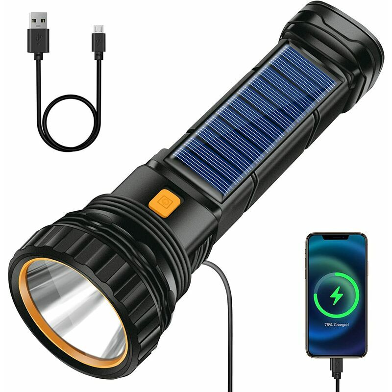 Led Taschenlampe Solar Taschenlampe, 1200mAh Wiederaufladbare Taschenlampe, Taschenlampe mit usb Ladegerät, Taschenlampe IPX4 Wasserdicht 3 Lichtmodi