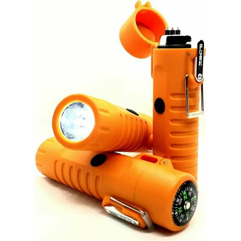Orange Doppelbogen-Feuerzeug mit LED-Taschenlampe und Kompass, 1 Stück, multifunktionales, wasserdichtes Outdoor-Survival-Taktikwerkzeug