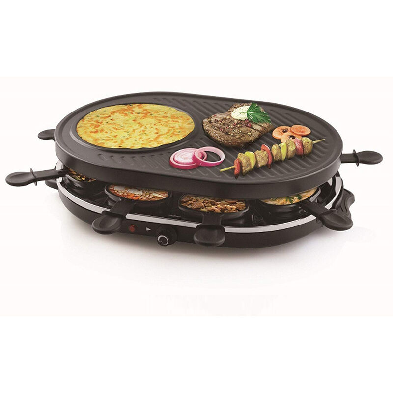 Raclette für 8 Personen Tischgrill, Grillplatte oval mit Crêpefläche 1200 Watt